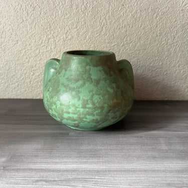 Vintage Brush McCoy Ear Handle Vase , Green Mottled Vellum Urn, Art Pottery 