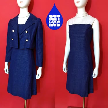 Mod Vintage 60s Navy Blue Matching Sleeveless Dress with Matching Jacket 