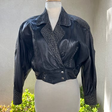 Vintage 80s bomber short black leather blazer jacket Sz Small by Leathery Originals Mexico 
