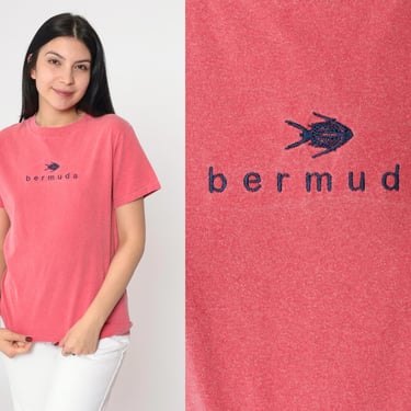 90s Bermuda Shirt Caribbean Island T-Shirt Embroidered Fish Graphic Tee Pink Vintage 1990s Small S 