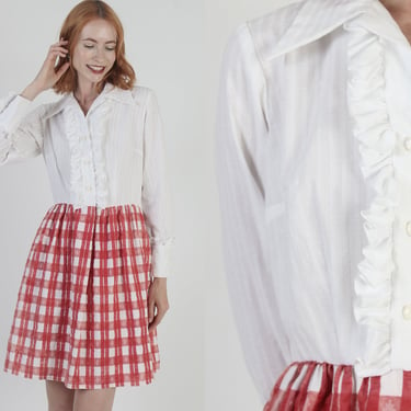 Country Picnic Gingham Pockets Dress Vintage 70s Red White Checker Print Seersucker Button Up Short Summer Shirtdress 