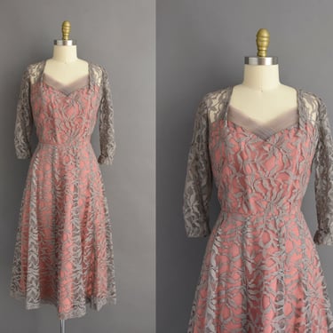 1950s vintage dress | Gorgeous Dove Gray Lace Full Skirt Bridesmaid Cocktail Party Dress | Medium 