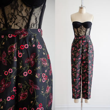 cute cottagecore pants | 90s y2k vintage high waisted black pink silk embroidered floral romantic cropped ankle pants 