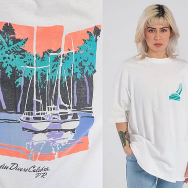 Sailboat T-Shirt 90s Suba Diving Shirt Paradise Divers Culebra Puerto Rico Tshirt Boat Graphic Tee Single Stitch White Vintage 1990s 2xl xxl 