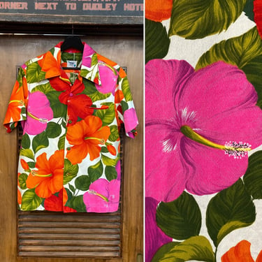 Vintage 1960’s Mod Floral Tiki Cotton Barkcloth Hawaiian Shirt, 60’s Loop Collar Shirt, Vintage Clothing 
