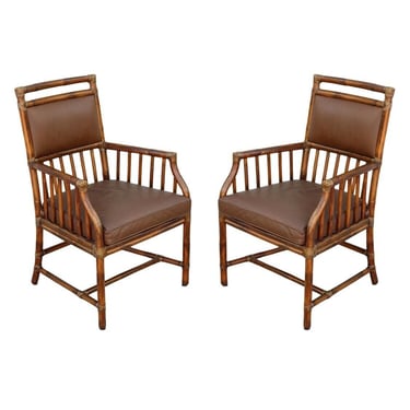 Authentic Matching Pair (2) of McGuire Rattan Accent Chairs Dining Side Chairs Organic Modern Hollywood Regency 