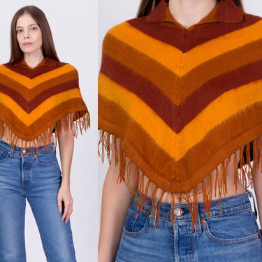 70s Striped Fringe Poncho Top - Extra Small | Vintage Boho Hippie Crop Top Shawl 