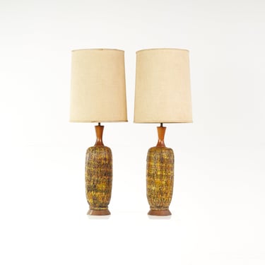 Mid Century Ceramic Drip and Walnut Table Lamps - Pair - mcm 