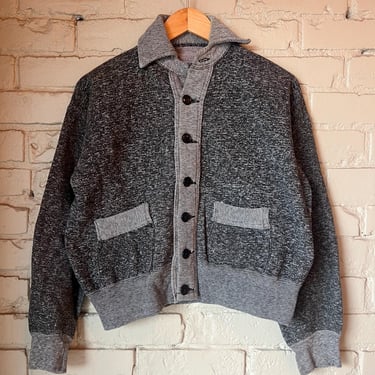 Small, Vintage 1940s 1950s Salt and Pepper Cotton Cardigan, Collar 