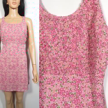 Vintage 90s Floral Smocked Bust Babydoll Dress Made In USA Size M 
