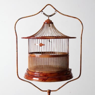 antique lacquered metal birdcage with stand 