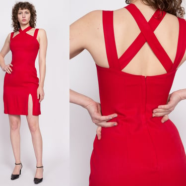 90s Red Strappy Cross Back Mini Dress - Small | Vintage Thigh Slit Fitted Party Dress 