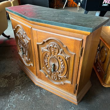 Stone Top Carved Wood Double Door Short Credenza