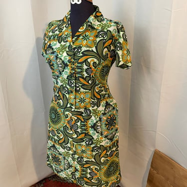 60s Mod Vintage Shift Dress Green Paisley Sheer GoGo L 