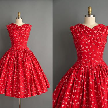 vintage 1950s Dress | Candy Apple Red Cotton Sweeping Full Skirt Dress | Small Medium 