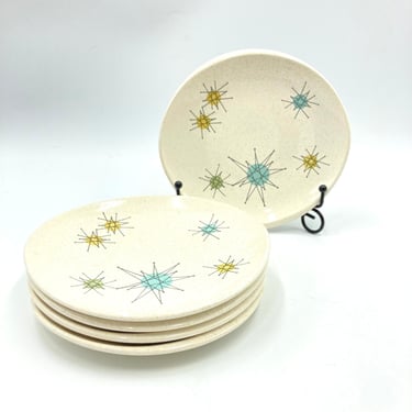 Franciscan Starburst Bread & Butter Plates, Mid Century Atomic Plate, Set of 5 Plates, Yellow, Green, Blue Star, Vintage MCM Dinnerware 