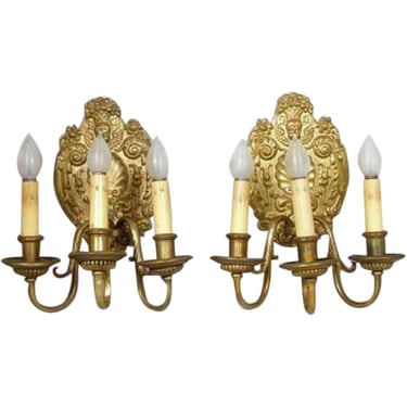 1910 Antique Pair of French Baroque Style Gilt Bronze Three-Light Wall Sconces 