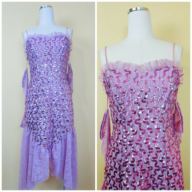 1980s Vintage New Leaf Lavender Sequin Dress / 80s Lace Mermaid Wiggle Dress With Matching Gloves Purple / Small - Medium 