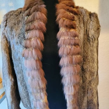Rabbit Hair and Fox Trim Coat, Vintage Fur, Brown Fur Coat 