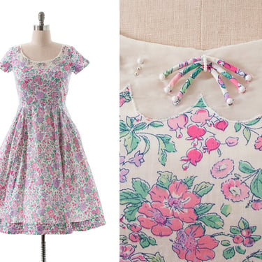 Vintage 1950s Dress | 50s LIBERTY OF LONDON Pink Floral Cotton Beaded Fit and Flare Midi Day Dress with Pockets (large) 