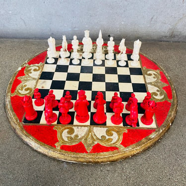 Antique English Red & White Chess Set