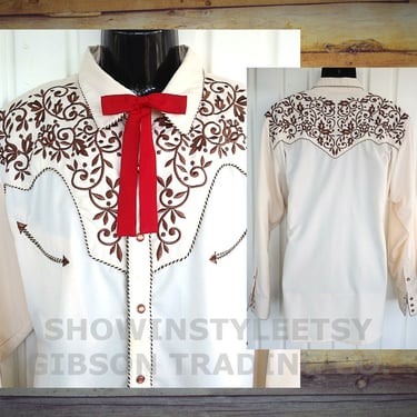 Gibson Trading Vintage Retro Western Men's Cowboy Shirt, Rodeo Shirt, Embroidered Bronze Floral Design, Approx. XXLarge (see meas. photo) 