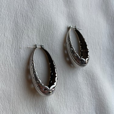 90s decorative filagree silver oval hoops E355