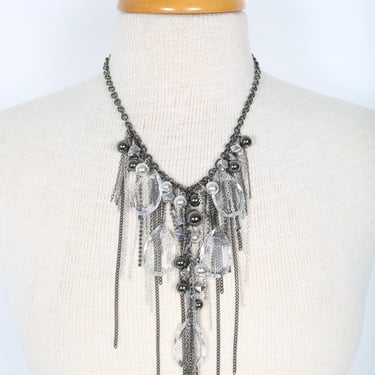 Silver & Gunmetal Chain Necklace with Crystal Drops, Costume Jewelry 