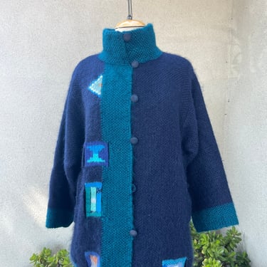 Vintage hand knit blues wool cardigan sweater silk lining with pockets Sz M/L 