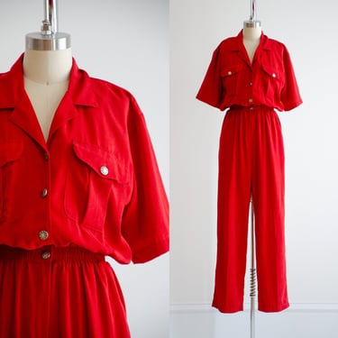 red jumpsuit 80s vintage St. Germain wide leg short sleeve jumpsuit 