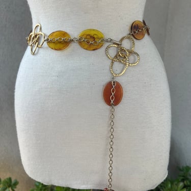Vintage glam golden chain belt  with brown large plastic disc  beads accents fits 25/29”waist 