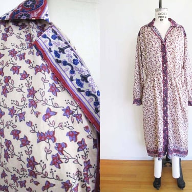 Vintage 70s Indian Block Print Dress M - 1970s Purple Plum Bohemian Button Front Long Sleeve Midi Dress 