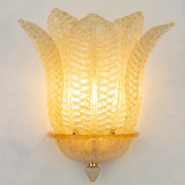 Large Plug In Wall Sconce with 5 Murano glass amber leaves - Wall lamp made in italy 