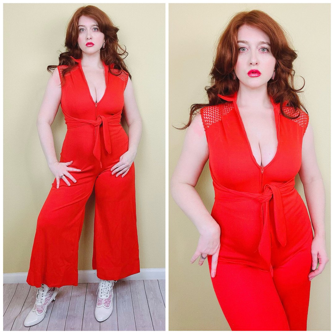 1970s Vintage Orange Poly Knit Fish Net Sleeve Jumpsuit