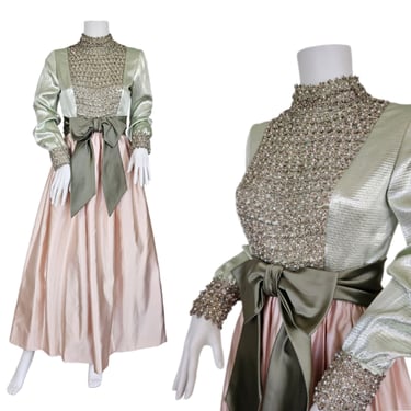 1960's Mint Green Lurex Pink Satin Maxi Dress I Gown I Sz Med I Rhinestones 