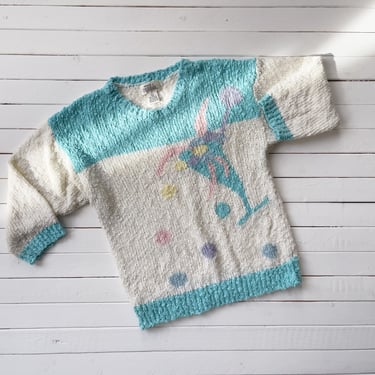 pastel sweater 80s vintage white turquoise cocktail glass novelty intarsia sweater 