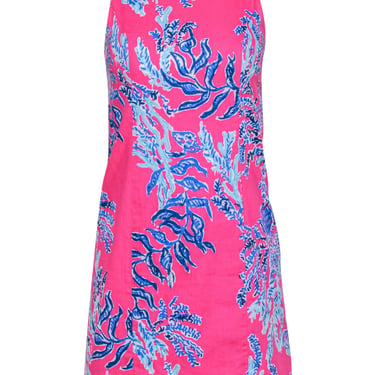 Lilly Pulitzer - Pink Fitted Sleeveless Shift Dress w/ Blue Coral “Samba” Print Sz 0