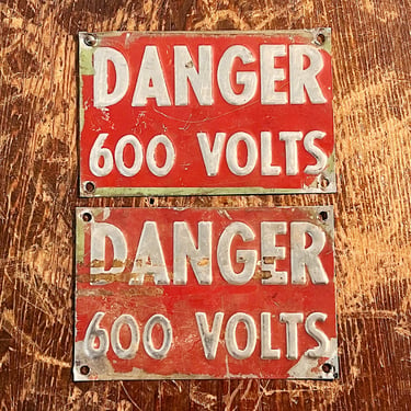 Vintage Locomotive Danger Signs - Set of 2 - Red 600 Volts - Industrial Decor - Railroad Signs - 3