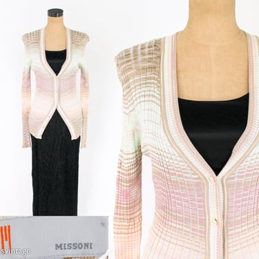 1980s Pink Stripe Knit Cardigan | 80s Striped Beige & Pink  Missoni Sweater | Missoni Made in Italy | Medium 