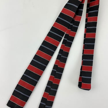 Early 1960'S Horizontal Striped Tie - Red, Black & Gray - Narrow Profile - Mod Square End Tie 