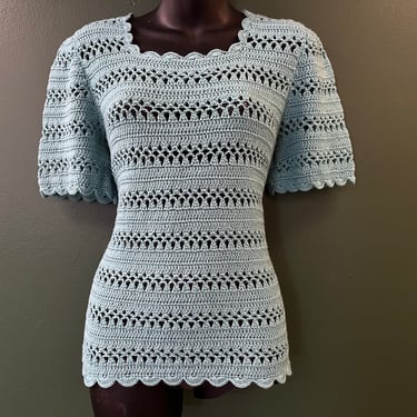aqua crochet blouse vintage blue open knit top large 