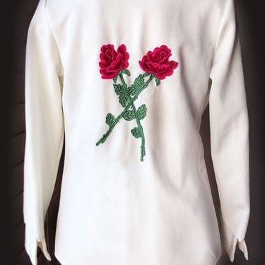 1970s Blouse White CROSSED ROSES, Disco, Hippie, Vintage, Embroidered ,Top, Patch, Ossie Clark, Biba style, Boho, Button Down Shirt 