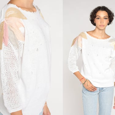White Cutout Sweater 90s Pointelle Knit Sweater Pearl Beaded Leaf Applique Pullover Retro Open Weave Spring Sweater Vintage 1990s Medium M 