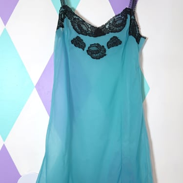 Vintage Sheer Blue Slip Dress with Black Lace