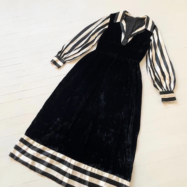 1970s Black Velvet Maxi Dress with Black + White Striped Satin Sleeves and Neckline 