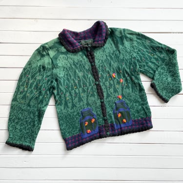 cottagecore sweater 80s 90s vintage Cullinane firefly lightning bug forest green cardigan 