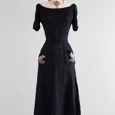 Elegant 1940's Bea Magnus Navy Blue Ribbon Knit Cocktail Dress From I.Magnin / SM