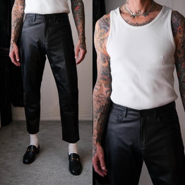 Vintage DKNY Black 5 Pocket Jean Style Lambskin Leather Pants | 100% Genuine Leather | Size 33x30 | Y2K 2000s Designer Mens Leather Pants 
