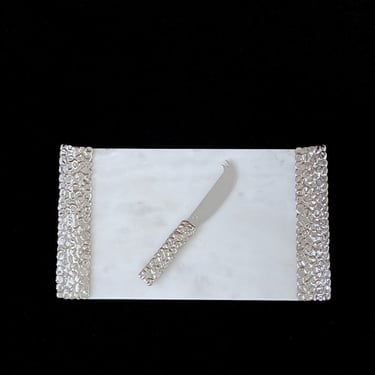 Vintage Michael Aram Marble and Silvered Metal Cheese Board Plate with Knife 