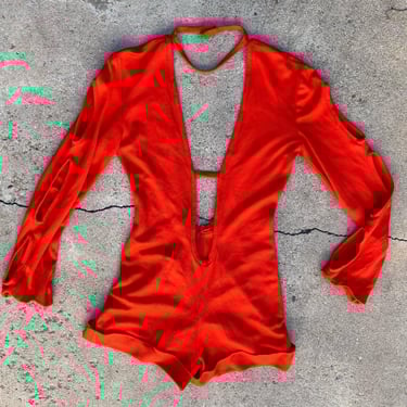 Vintage 1970's Orange Knit Mod Arm Cut Outs Deep Plunge Open Back Romper 